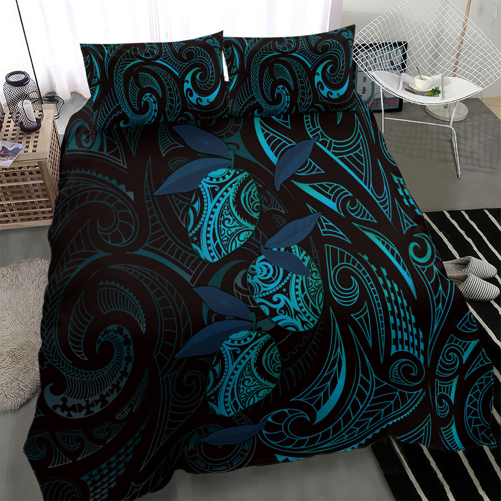 Hawaiian Mango Tribal Tattoo Bedding Set Teal Pacific Traditional Pattern