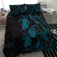 Hawaiian Mango Tribal Tattoo Bedding Set Teal Pacific Traditional Pattern