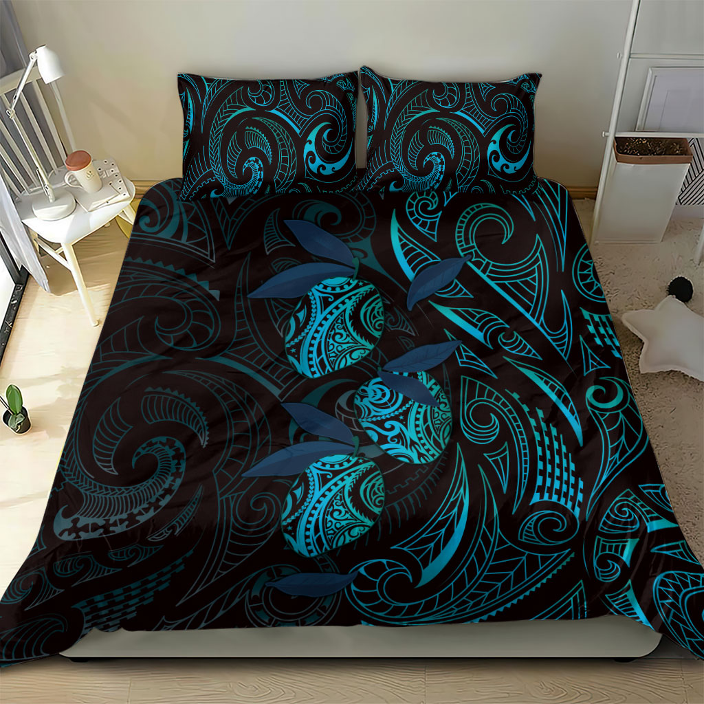 Hawaiian Mango Tribal Tattoo Bedding Set Teal Pacific Traditional Pattern