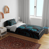 Hawaiian Mango Tribal Tattoo Bedding Set Teal Pacific Traditional Pattern