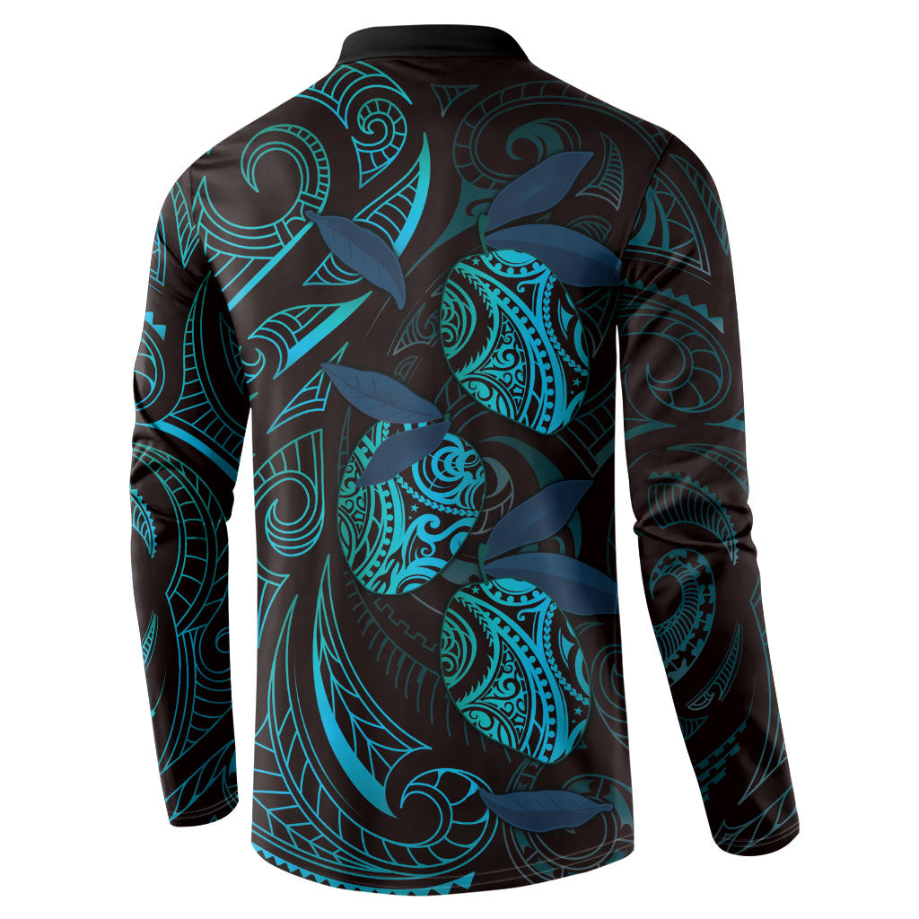 Hawaiian Mango Tribal Tattoo Button Sweatshirt Teal Pacific Traditional Pattern