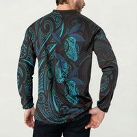 Hawaiian Mango Tribal Tattoo Button Sweatshirt Teal Pacific Traditional Pattern