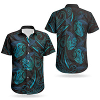 Hawaiian Mango Tribal Tattoo Couples Matching Off Shoulder Maxi Dress and Hawaiian Shirt Teal Pacific Traditional Pattern