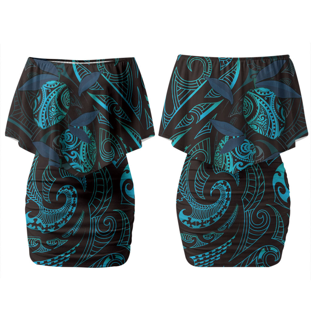 Hawaiian Mango Tribal Tattoo Couples Matching Off Shoulder Short Dress and Long Sleeve Button Shirt Teal Pacific Traditional Pattern