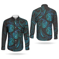 Hawaiian Mango Tribal Tattoo Couples Matching Short Sleeve Bodycon Dress and Long Sleeve Button Shirt Teal Pacific Traditional Pattern