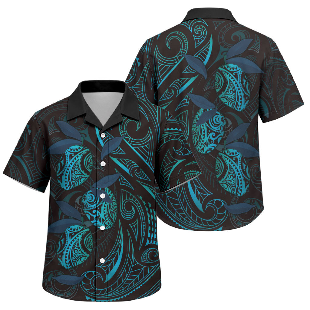 Hawaiian Mango Tribal Tattoo Family Matching Long Sleeve Bodycon Dress and Hawaiian Shirt Teal Pacific Traditional Pattern