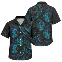 Hawaiian Mango Tribal Tattoo Family Matching Long Sleeve Bodycon Dress and Hawaiian Shirt Teal Pacific Traditional Pattern