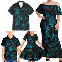 Hawaiian Mango Tribal Tattoo Family Matching Off Shoulder Maxi Dress and Hawaiian Shirt Teal Pacific Traditional Pattern