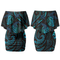 Hawaiian Mango Tribal Tattoo Family Matching Off Shoulder Short Dress and Hawaiian Shirt Teal Pacific Traditional Pattern