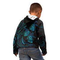 Hawaiian Mango Tribal Tattoo Kid Hoodie Teal Pacific Traditional Pattern