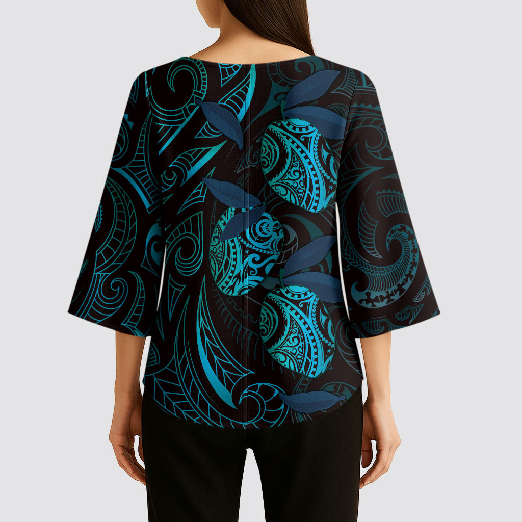 Hawaiian Mango Tribal Tattoo Kimono Sleeve Blouse Teal Pacific Traditional Pattern