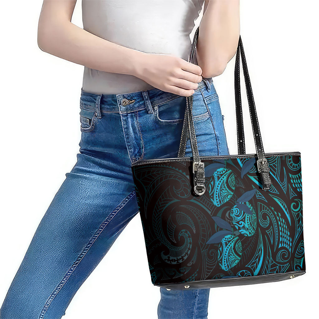 Hawaiian Mango Tribal Tattoo Leather Tote Bag Teal Pacific Traditional Pattern