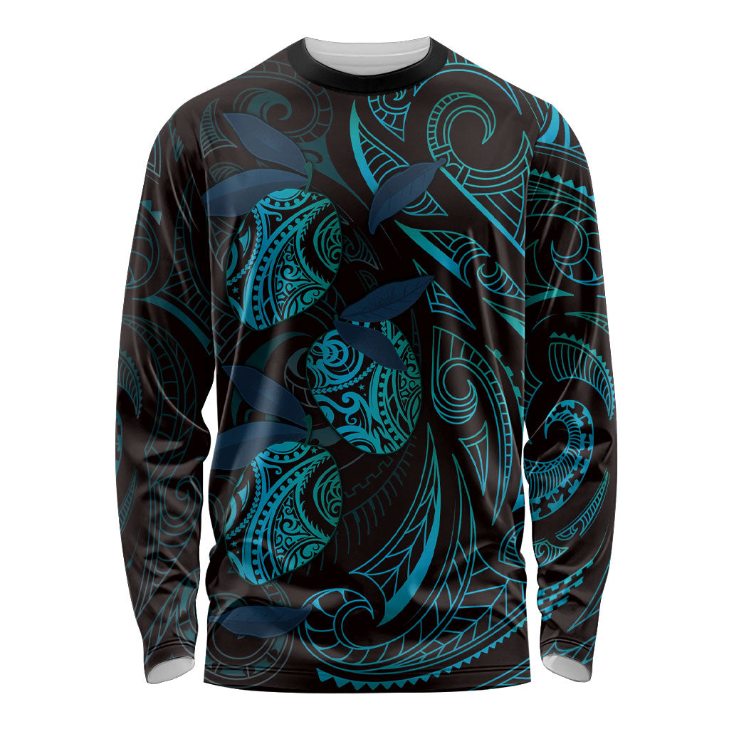 Hawaiian Mango Tribal Tattoo Long Sleeve Shirt Teal Pacific Traditional Pattern