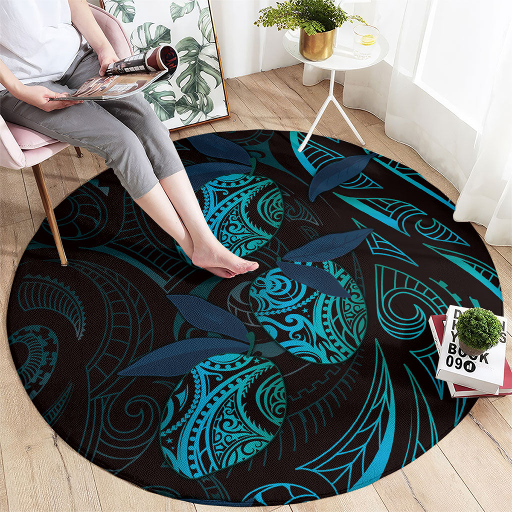 Hawaiian Mango Tribal Tattoo Round Carpet Teal Pacific Traditional Pattern