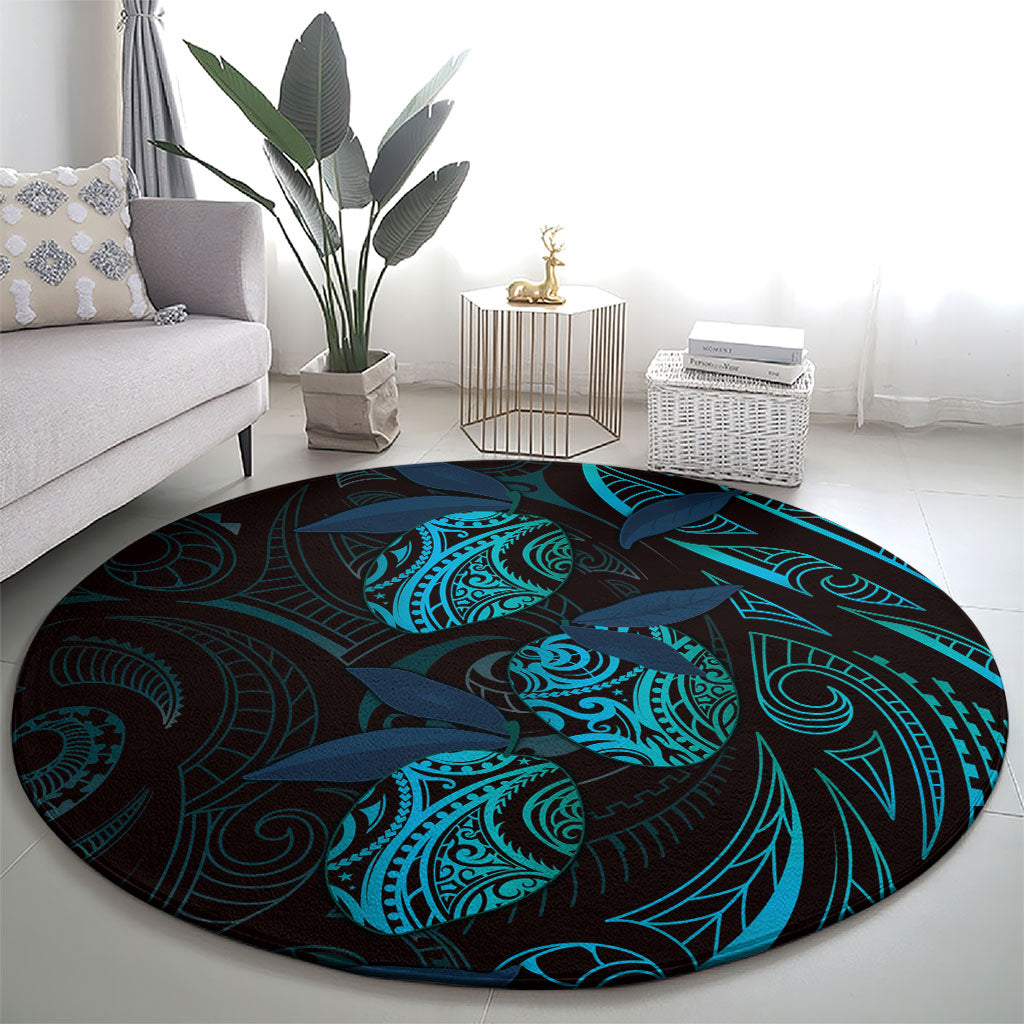 Hawaiian Mango Tribal Tattoo Round Carpet Teal Pacific Traditional Pattern