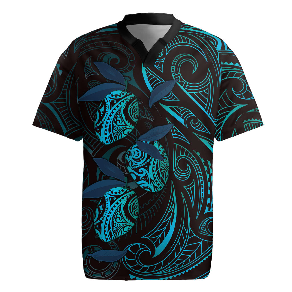 Hawaiian Mango Tribal Tattoo Rugby Jersey Teal Pacific Traditional Pattern