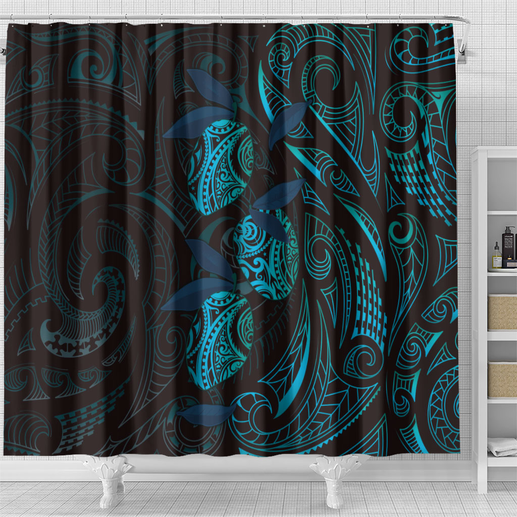 Hawaiian Mango Tribal Tattoo Shower Curtain Teal Pacific Traditional Pattern