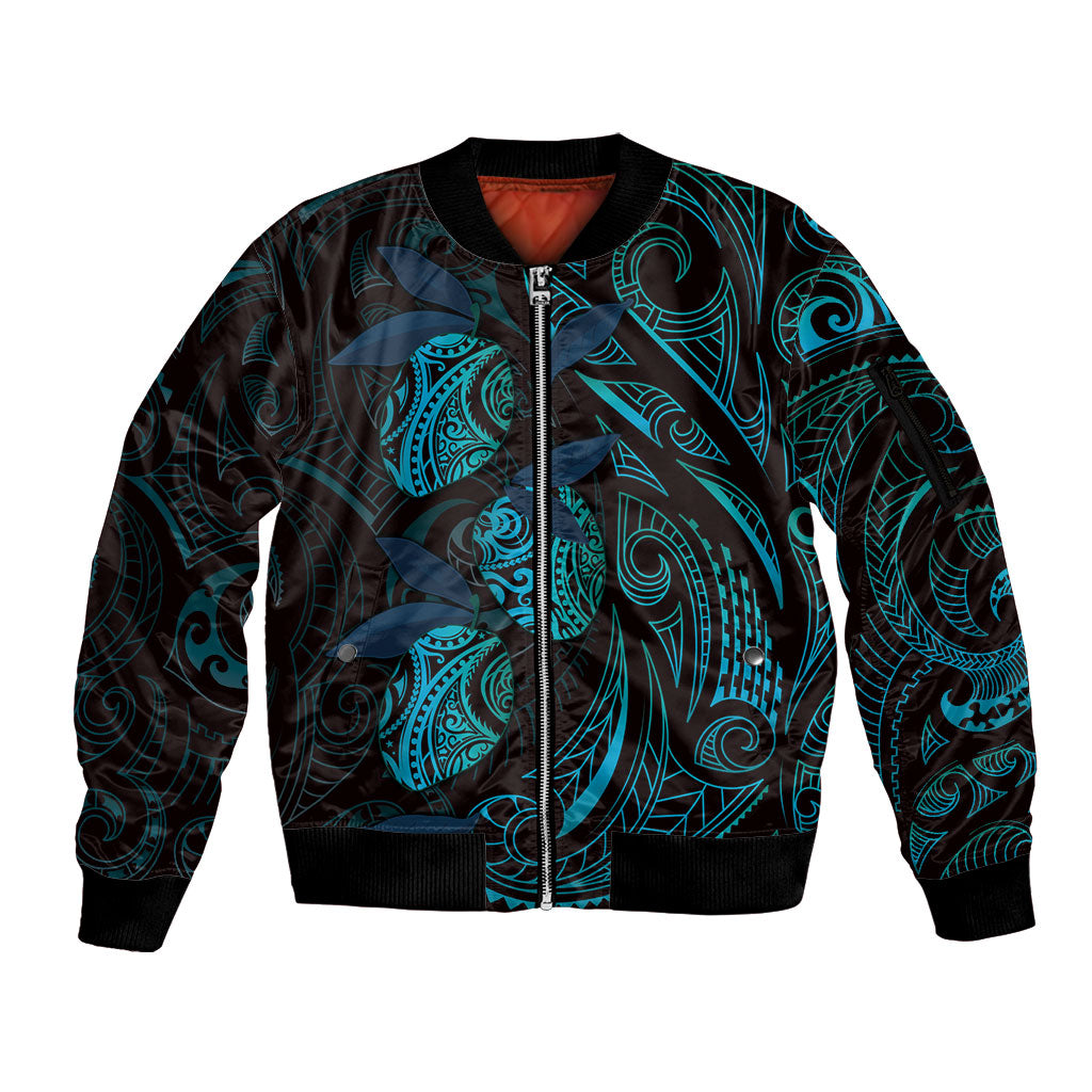 Hawaiian Mango Tribal Tattoo Sleeve Zip Bomber Jacket Teal Pacific Traditional Pattern