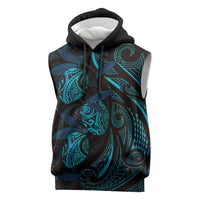 Hawaiian Mango Tribal Tattoo Sleeveless Hoodie Teal Pacific Traditional Pattern