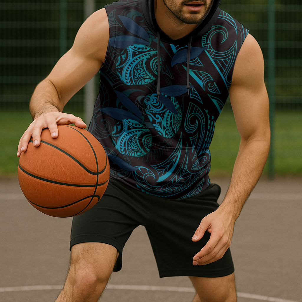 Hawaiian Mango Tribal Tattoo Sleeveless Hoodie Teal Pacific Traditional Pattern