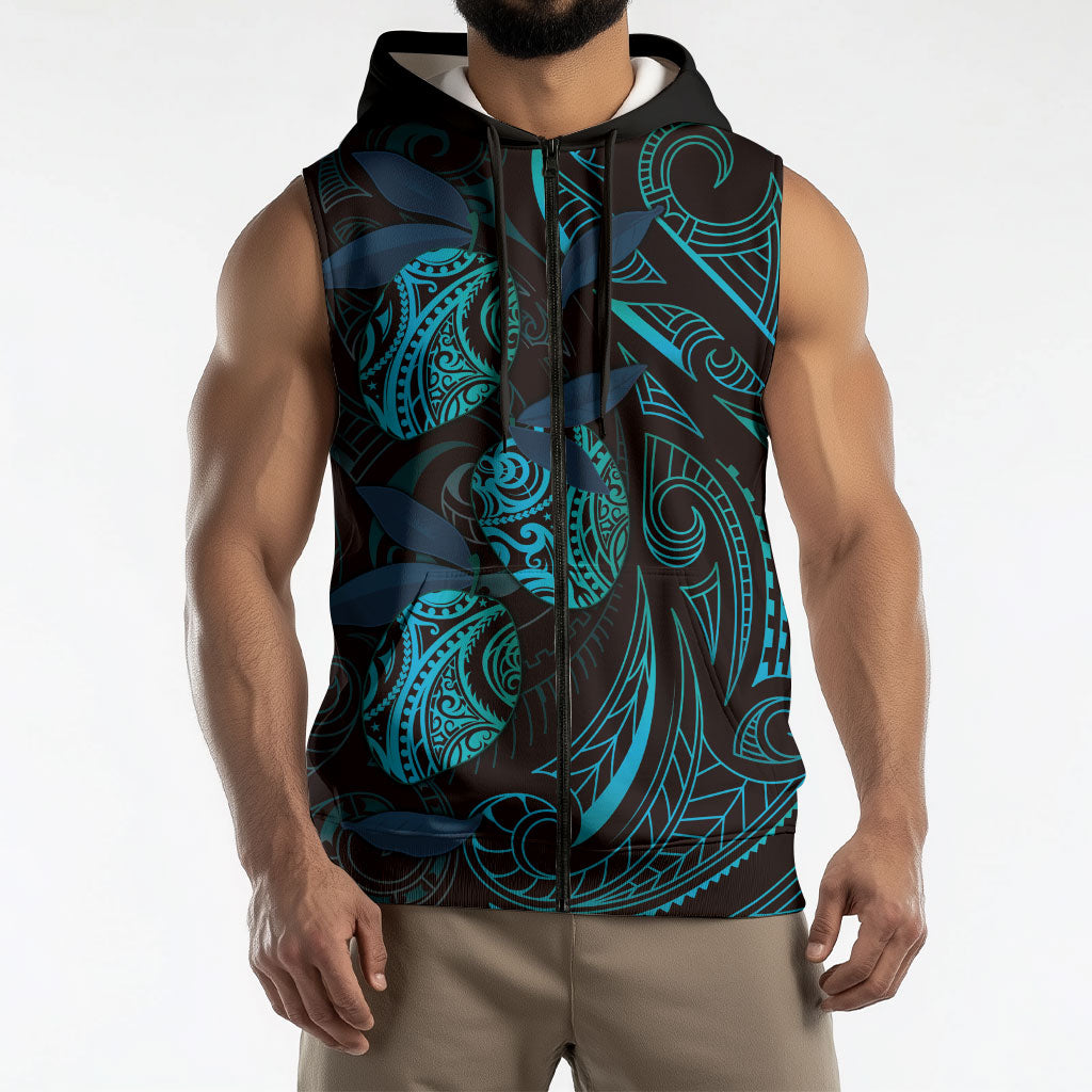 Hawaiian Mango Tribal Tattoo Sleeveless Zip Hoodie Teal Pacific Traditional Pattern
