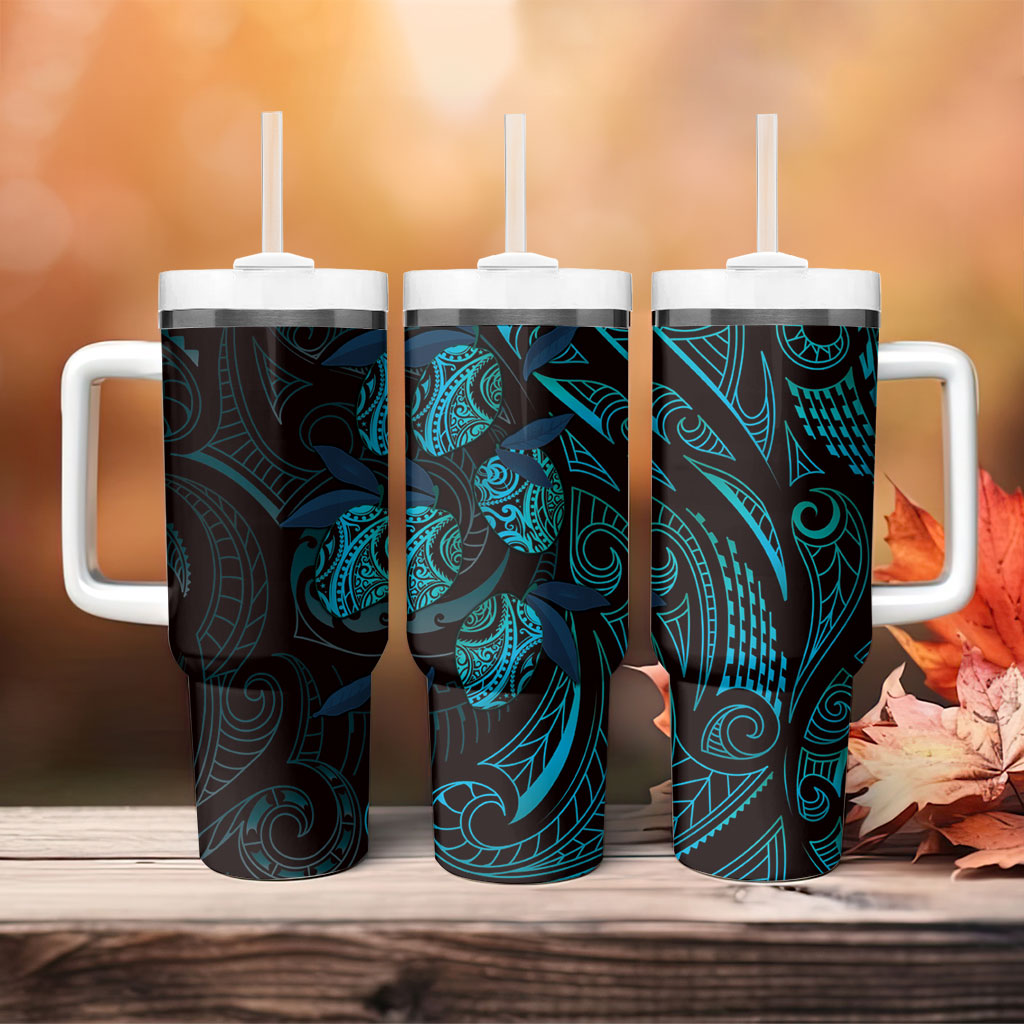 Hawaiian Mango Tribal Tattoo Tumbler With Handle Teal Pacific Traditional Pattern