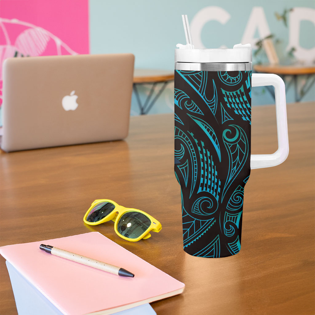 Hawaiian Mango Tribal Tattoo Tumbler With Handle Teal Pacific Traditional Pattern