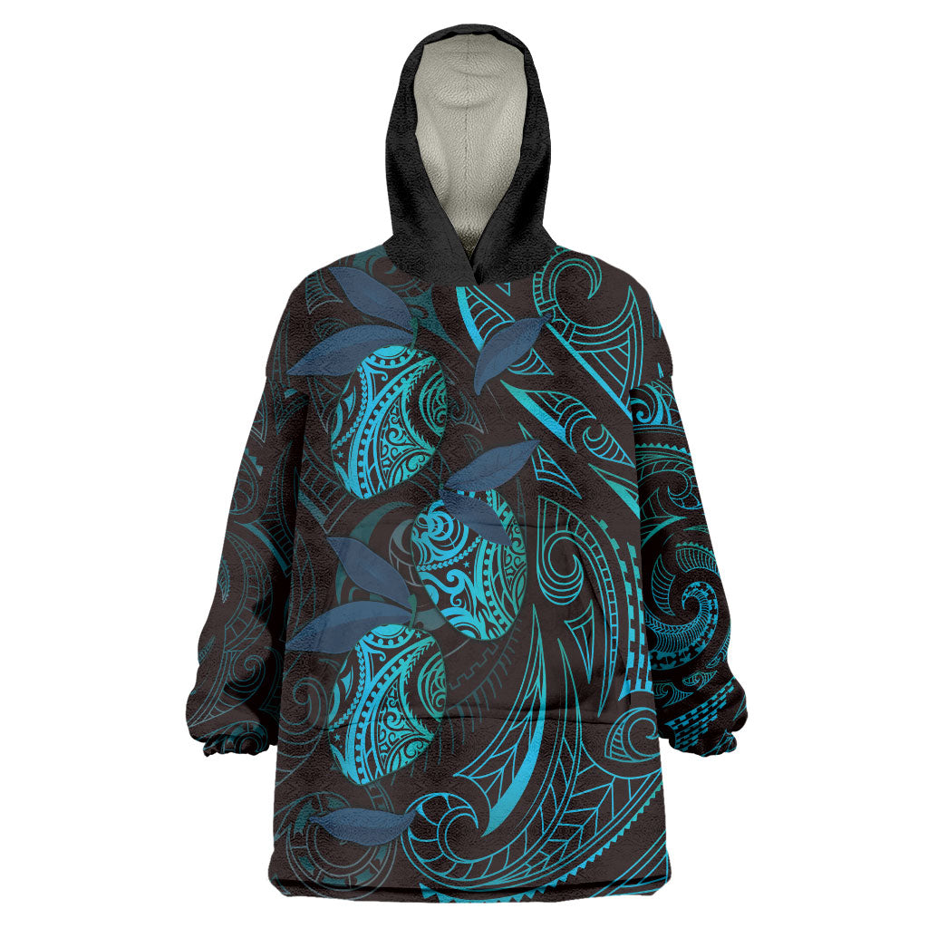 Hawaiian Mango Tribal Tattoo Wearable Blanket Hoodie Teal Pacific Traditional Pattern