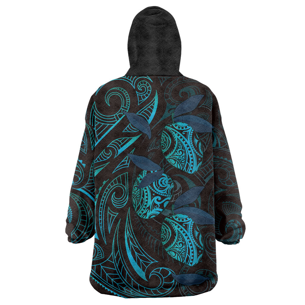 Hawaiian Mango Tribal Tattoo Wearable Blanket Hoodie Teal Pacific Traditional Pattern