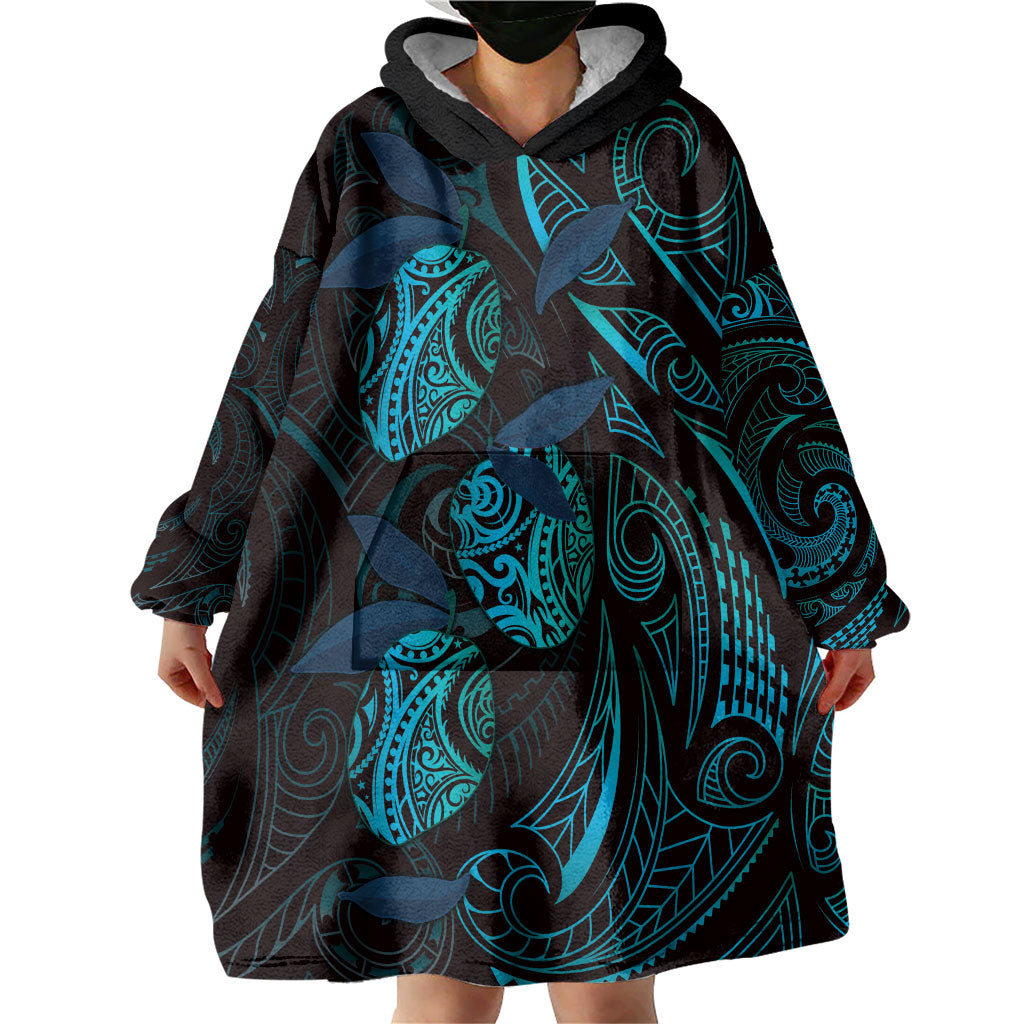 Hawaiian Mango Tribal Tattoo Wearable Blanket Hoodie Teal Pacific Traditional Pattern