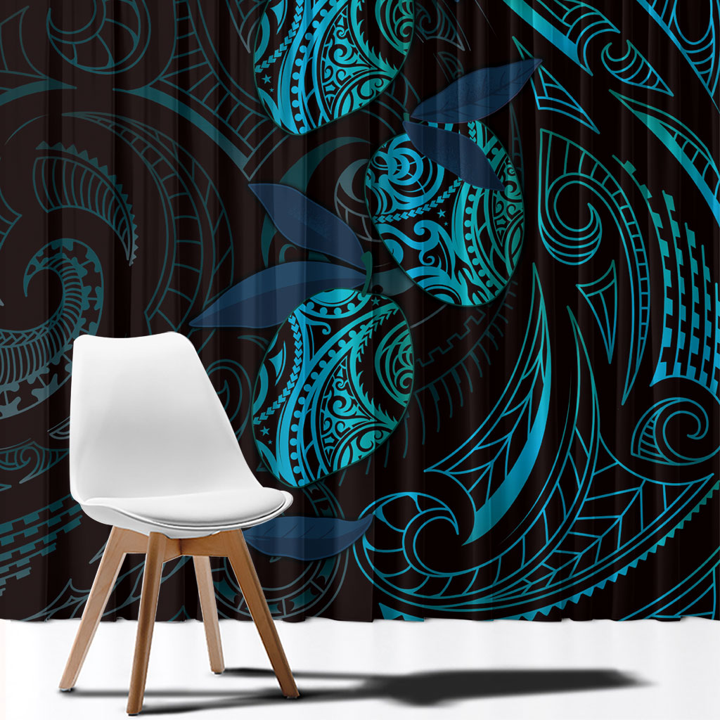 Hawaiian Mango Tribal Tattoo Window Curtain Teal Pacific Traditional Pattern