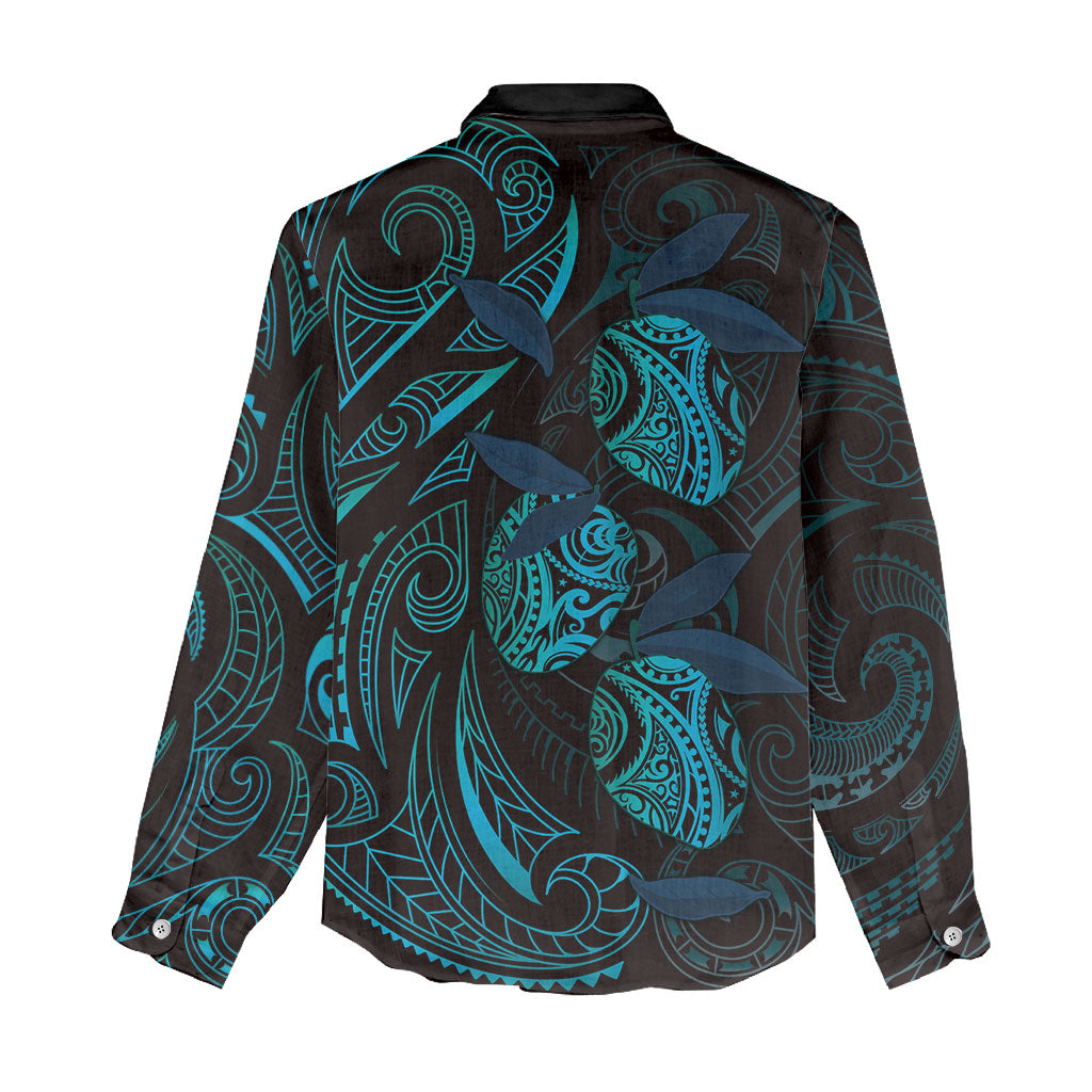 Hawaiian Mango Tribal Tattoo Women Casual Shirt Teal Pacific Traditional Pattern