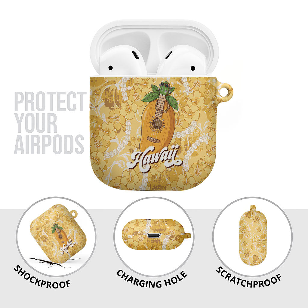 Hawaiian Mango Ukulele AirPods Case Retro Yellow Hibiscus Pikake Lei