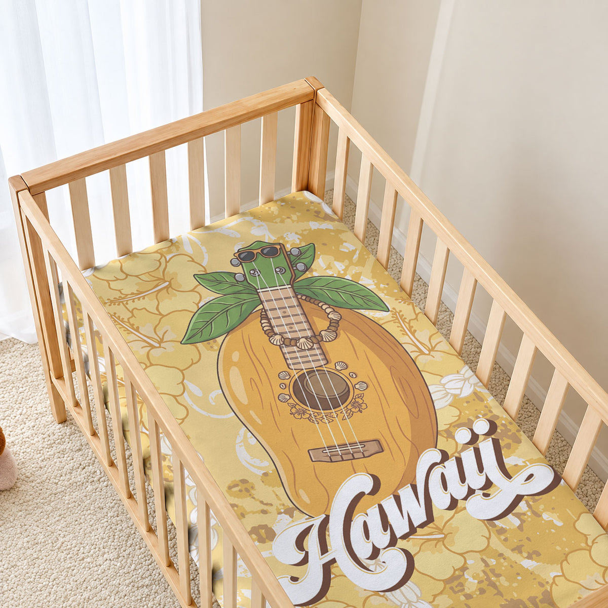 Hawaiian Mango Ukulele Baby Bed Cover Retro Yellow Hibiscus Pikake Lei LT9 - Polynesian Pride