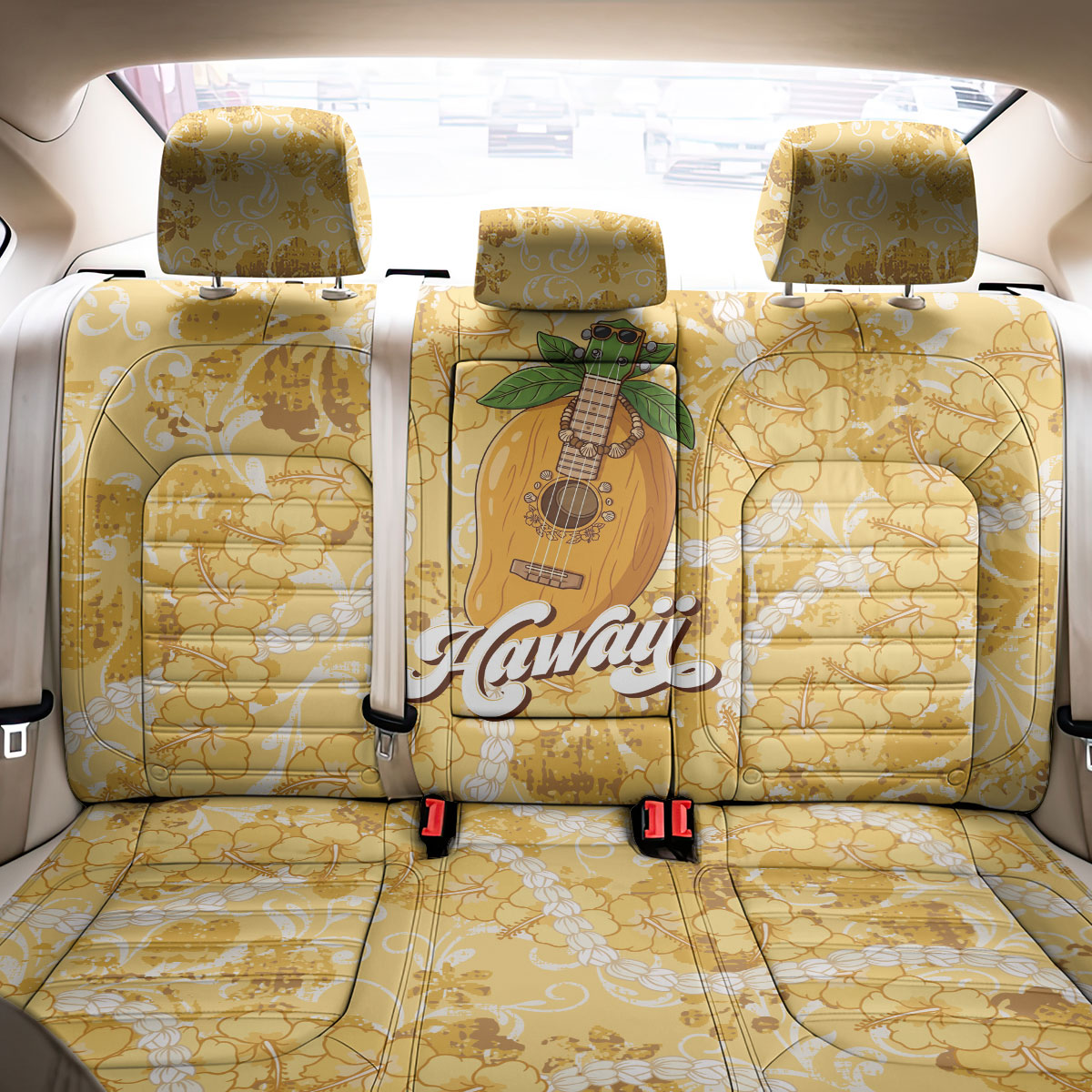 Hawaiian Mango Ukulele Back Car Seat Cover Retro Yellow Hibiscus Pikake Lei