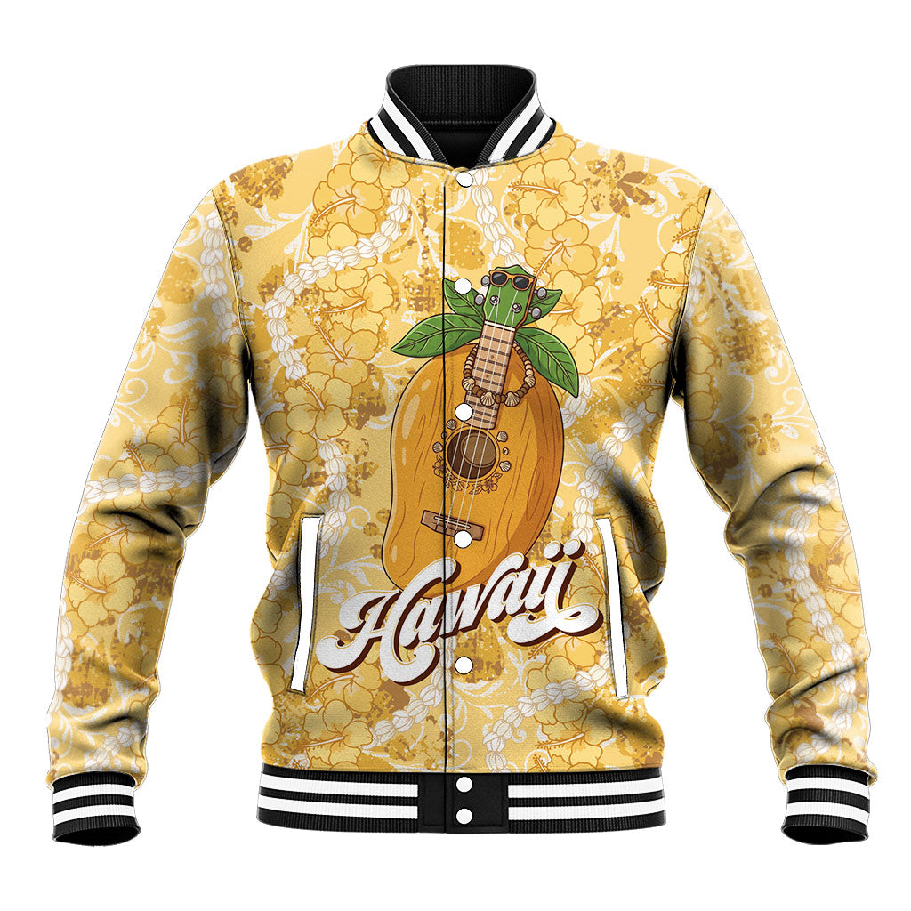 Hawaiian Mango Ukulele Baseball Jacket Retro Yellow Hibiscus Pikake Lei