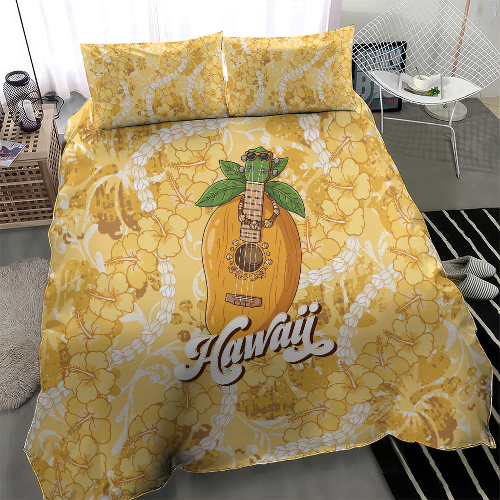 Hawaiian Mango Ukulele Bedding Set Retro Yellow Hibiscus Pikake Lei