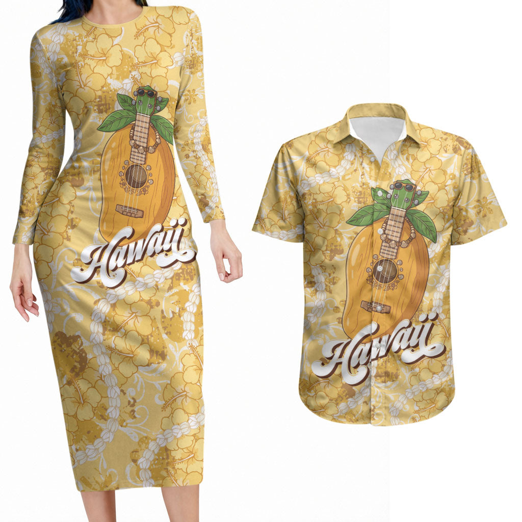 Hawaiian Mango Ukulele Couples Matching Long Sleeve Bodycon Dress and Hawaiian Shirt Retro Yellow Hibiscus Pikake Lei