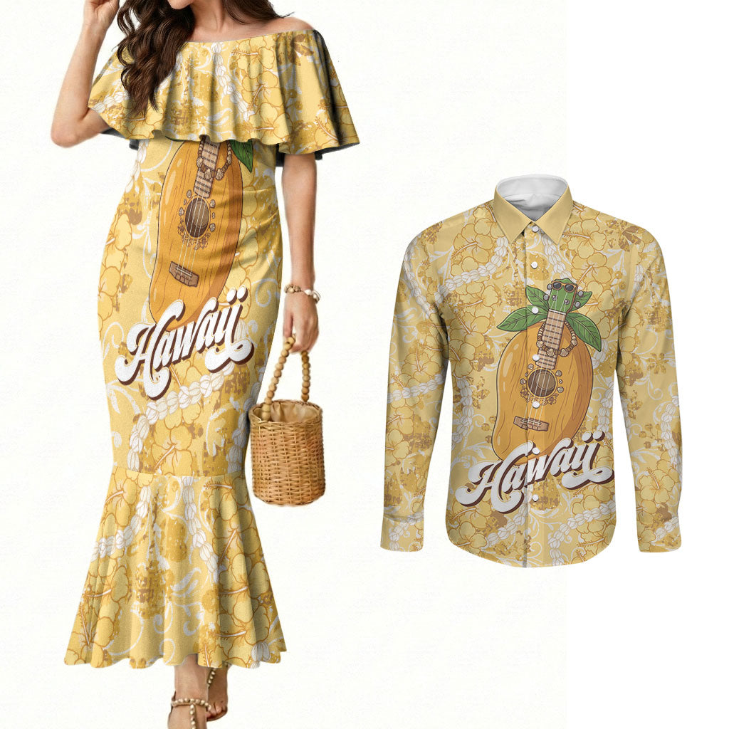 Hawaiian Mango Ukulele Couples Matching Mermaid Dress and Long Sleeve Button Shirt Retro Yellow Hibiscus Pikake Lei