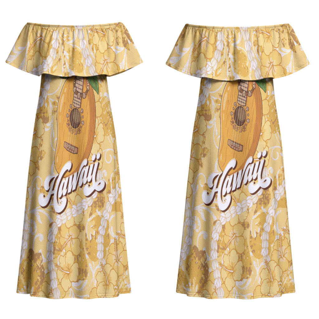 Hawaiian Mango Ukulele Couples Matching Off Shoulder Maxi Dress and Hawaiian Shirt Retro Yellow Hibiscus Pikake Lei