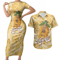 Hawaiian Mango Ukulele Couples Matching Short Sleeve Bodycon Dress and Hawaiian Shirt Retro Yellow Hibiscus Pikake Lei