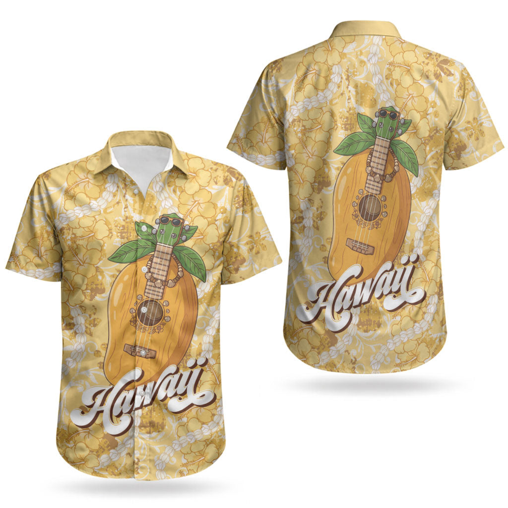 Hawaiian Mango Ukulele Couples Matching Short Sleeve Bodycon Dress and Hawaiian Shirt Retro Yellow Hibiscus Pikake Lei