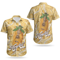 Hawaiian Mango Ukulele Couples Matching Short Sleeve Bodycon Dress and Hawaiian Shirt Retro Yellow Hibiscus Pikake Lei