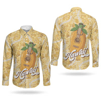 Hawaiian Mango Ukulele Couples Matching Tank Maxi Dress and Long Sleeve Button Shirt Retro Yellow Hibiscus Pikake Lei