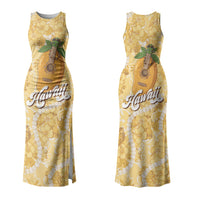Hawaiian Mango Ukulele Couples Matching Tank Maxi Dress and Long Sleeve Button Shirt Retro Yellow Hibiscus Pikake Lei