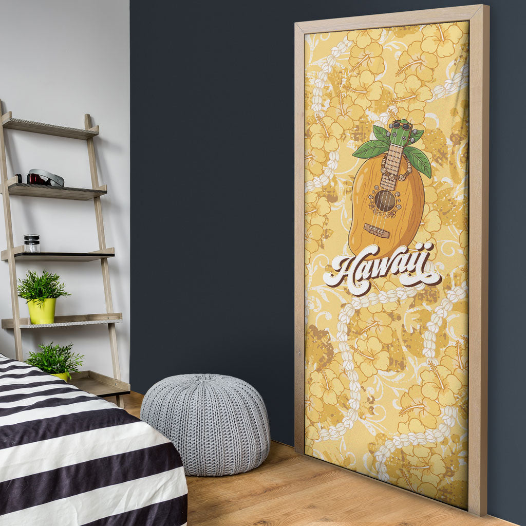 Hawaiian Mango Ukulele Door Cover Retro Yellow Hibiscus Pikake Lei