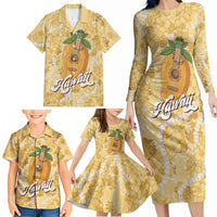 Hawaiian Mango Ukulele Family Matching Long Sleeve Bodycon Dress and Hawaiian Shirt Retro Yellow Hibiscus Pikake Lei