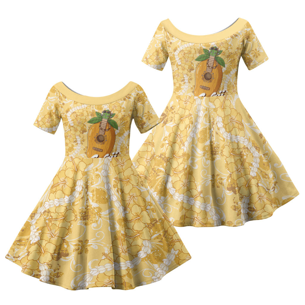Hawaiian Mango Ukulele Family Matching Off The Shoulder Long Sleeve Dress and Hawaiian Shirt Retro Yellow Hibiscus Pikake Lei