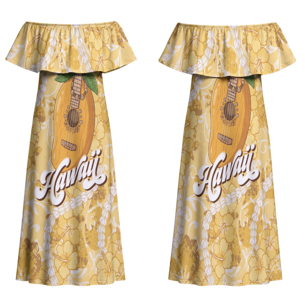 Hawaiian Mango Ukulele Family Matching Off Shoulder Maxi Dress and Hawaiian Shirt Retro Yellow Hibiscus Pikake Lei