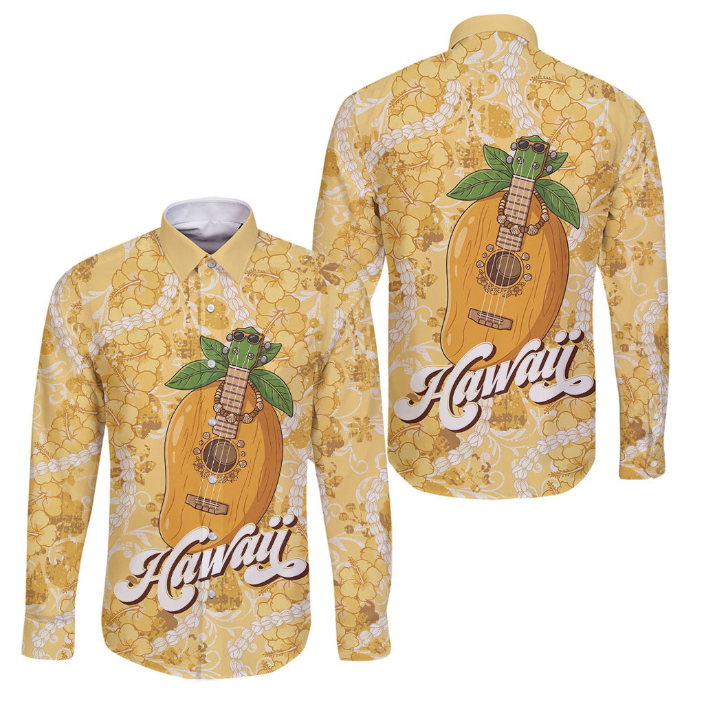 Hawaiian Mango Ukulele Family Matching Off Shoulder Maxi Dress and Hawaiian Shirt Retro Yellow Hibiscus Pikake Lei